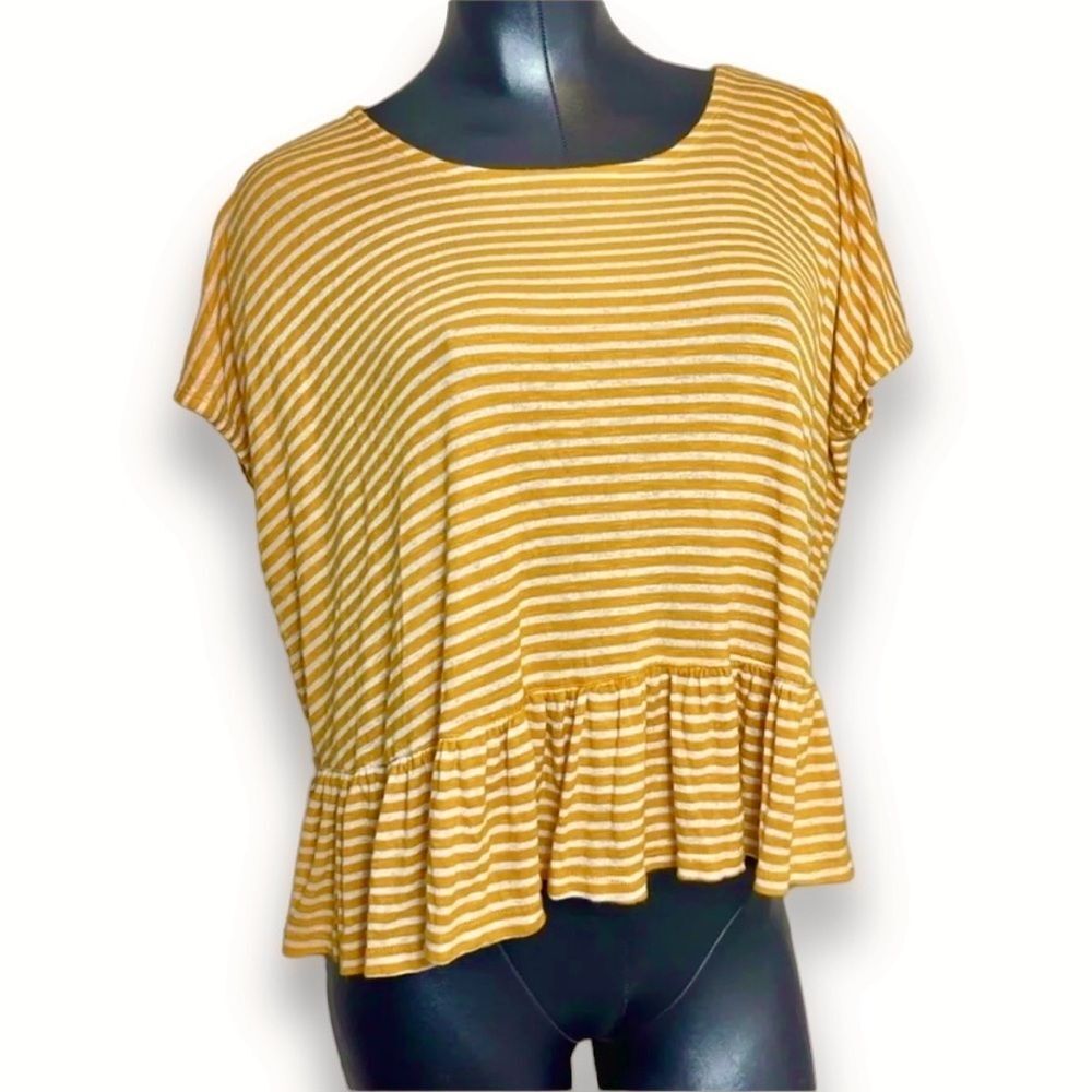 FP Beach Free People Mustard Yellow Striped Top Shirt Sleeve Blouse